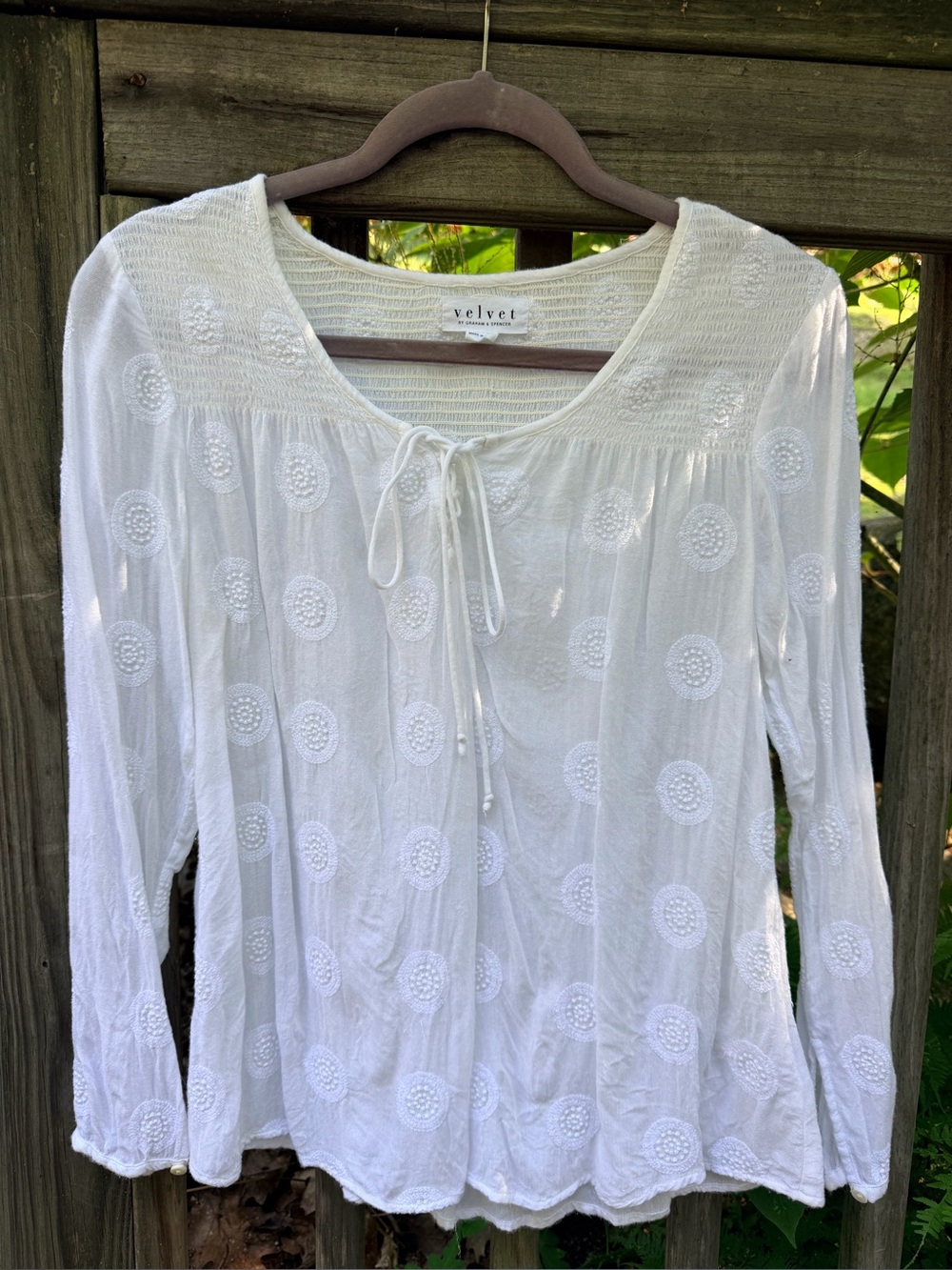 Velvet By Spencer and Graham XS White Embroidered Tie-Front Peasant Blouse